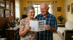 Elderly couple smiling and holding an approved benefit certificate